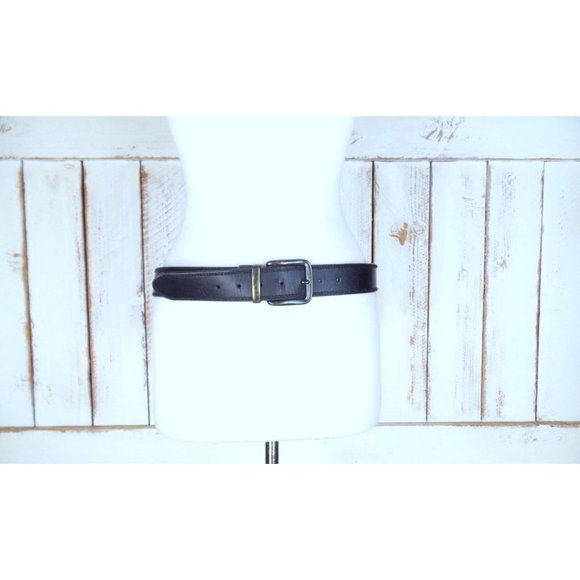 Levi Strauss thick black leather wide belt with distressed buckle / unisex - Picture 6 of 6